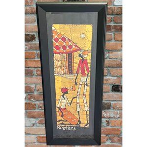 Vintage African Batik Fabric Art Signed Hambro Tribal Village  Framed 26" x 10"